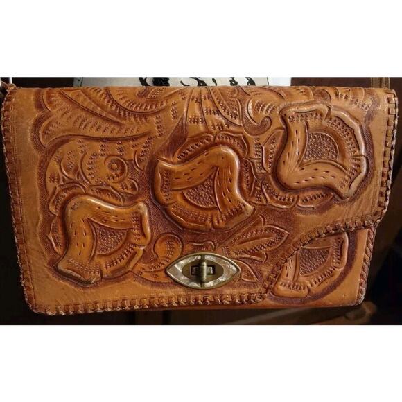 Vintage Large Leather Hand Tooled Brown Shoulder Bag Purse Tri fold Organizer - Picture 2 of 16